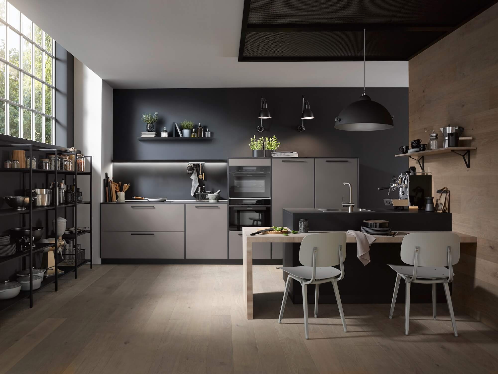 Häcker Designküche mit Insel Perfectsoft Perlgrau