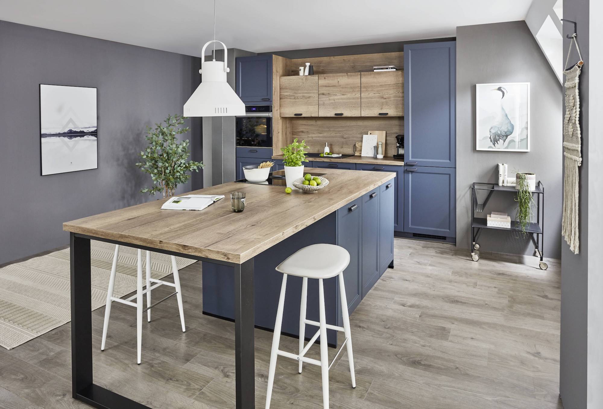 Nobilia Inselküche Blau Cascada Massivholz Arbeitsplatte
