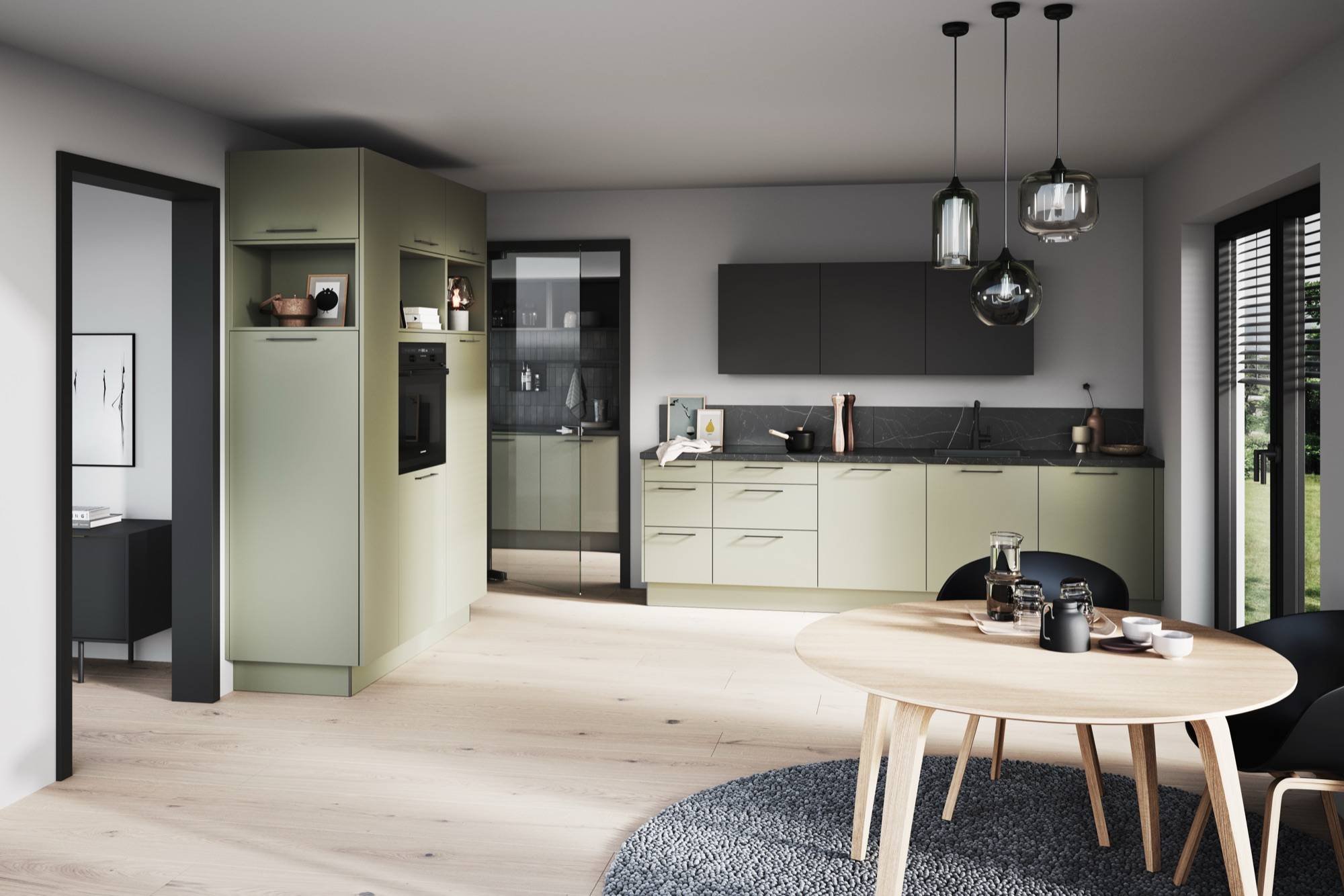 Häcker Moderne Küchenzeile olivgrün mit schwarzen Oberschränken und Hochschränken mit Backofen